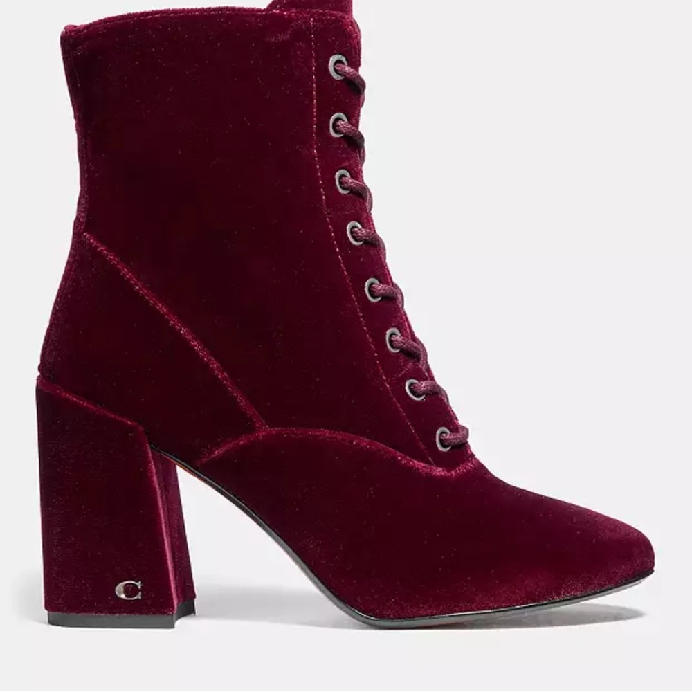 Coach Edie Burgundy Velvet Lace Up Boots